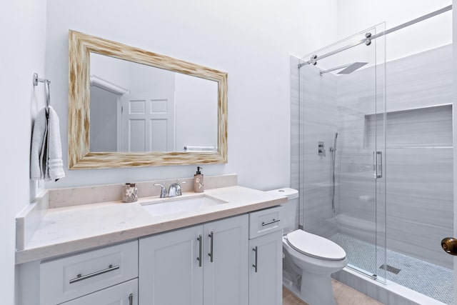 bathroom featuring vanity, a shower stall, and toilet