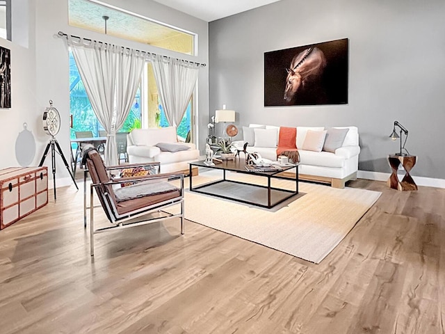 living area featuring wood finished floors and baseboards