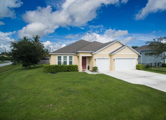 ranch-style home with a garage, driveway, fence, and a front lawn