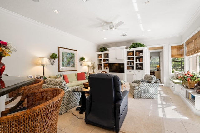 living area with light tile patterned floors, visible vents, recessed lighting, ceiling fan, and ornamental molding