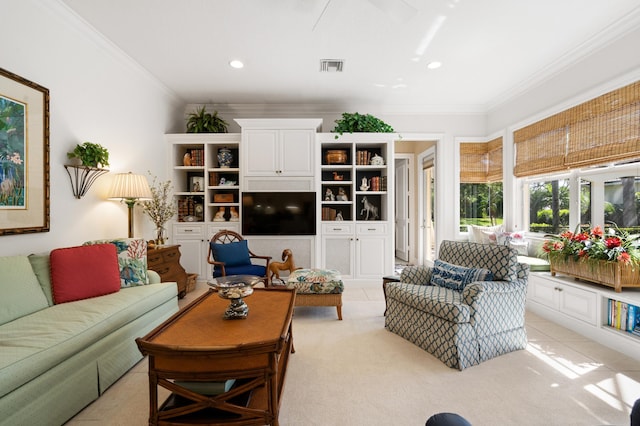 living room featuring visible vents, recessed lighting, crown molding, light tile patterned floors, and light colored carpet