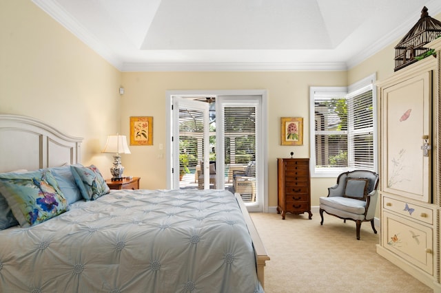 bedroom with access to exterior, light colored carpet, a raised ceiling, and multiple windows