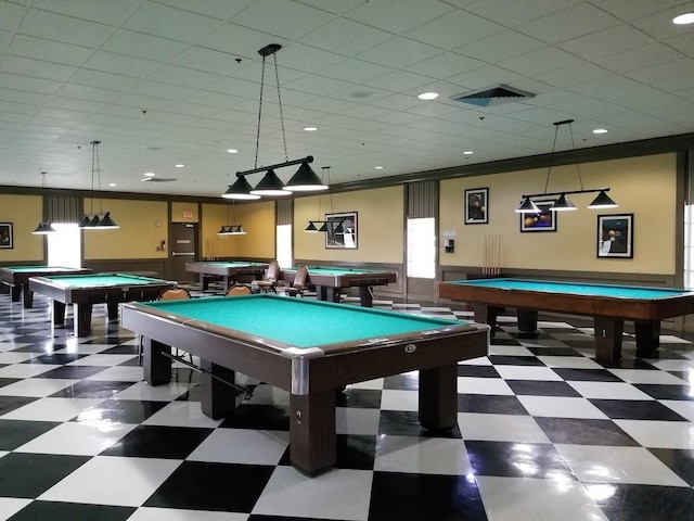 playroom with a wainscoted wall, pool table, visible vents, ornamental molding, and tile patterned floors