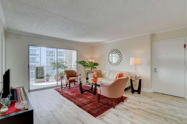 living area with baseboards, a textured ceiling, wood finished floors, and ornamental molding