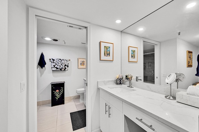 full bath with vanity, tile patterned floors, toilet, and recessed lighting