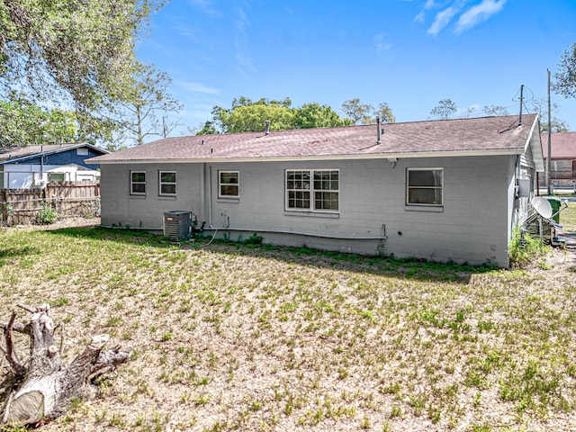 1201 Susan St, Leesburg, FL 34748 - back of property with central AC unit, a shingled roof, a lawn, concrete block siding, and fence