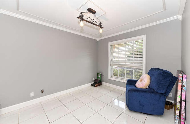 living area with baseboards, light tile patterned floors, and crown molding