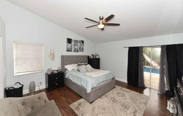 bedroom featuring vaulted ceiling, baseboards, wood finished floors, access to outside, and ceiling fan