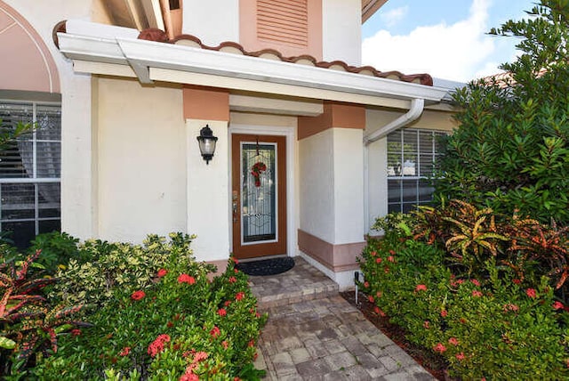 view of exterior entry featuring stucco siding