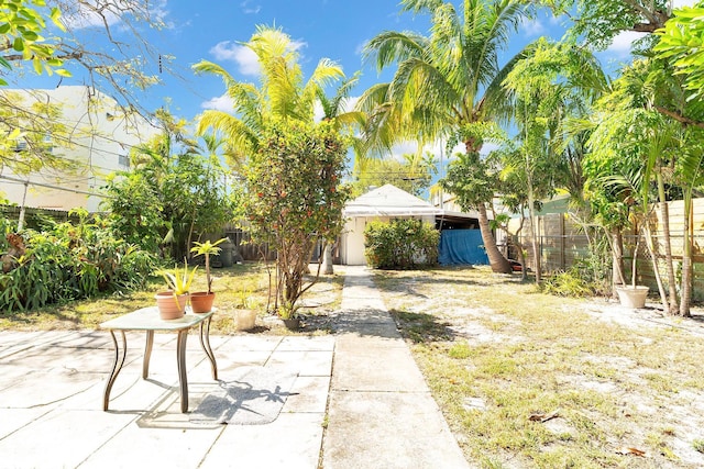 view of yard featuring an outdoor structure, a fenced backyard, and a patio area