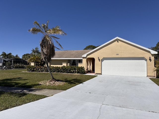 single story home with an attached garage, driveway, a front yard, and stucco siding