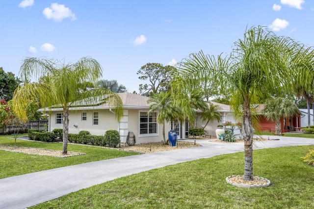 ranch-style home featuring driveway, a front lawn, and stucco siding