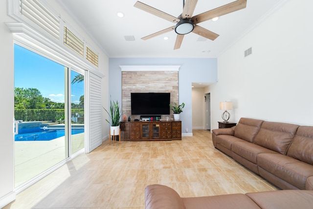 15730 Cedar Grove Ln, Wellington, FL 33414 - living room featuring recessed lighting, ornamental molding, baseboards, ceiling fan, and visible vents