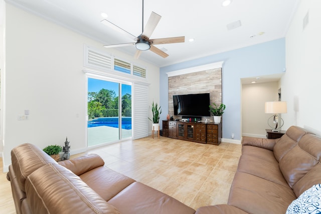 15730 Cedar Grove Ln, Wellington, FL 33414 - living room with light tile patterned flooring, baseboards, ceiling fan, ornamental molding, and recessed lighting
