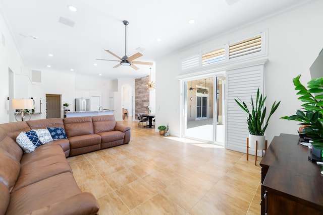 15730 Cedar Grove Ln, Wellington, FL 33414 - living room featuring ceiling fan, visible vents, recessed lighting, and ornamental molding