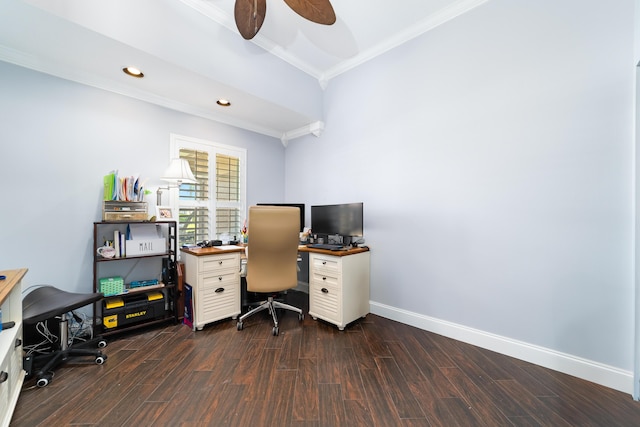 15730 Cedar Grove Ln, Wellington, FL 33414 - home office with crown molding, recessed lighting, dark wood-style flooring, baseboards, and a ceiling fan