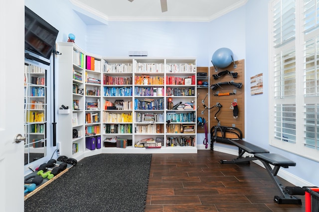 15730 Cedar Grove Ln, Wellington, FL 33414 - workout room featuring ornamental molding, baseboards, ceiling fan, and wood tiled floor