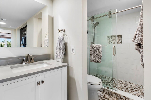 bathroom with a shower stall, toilet, and vanity