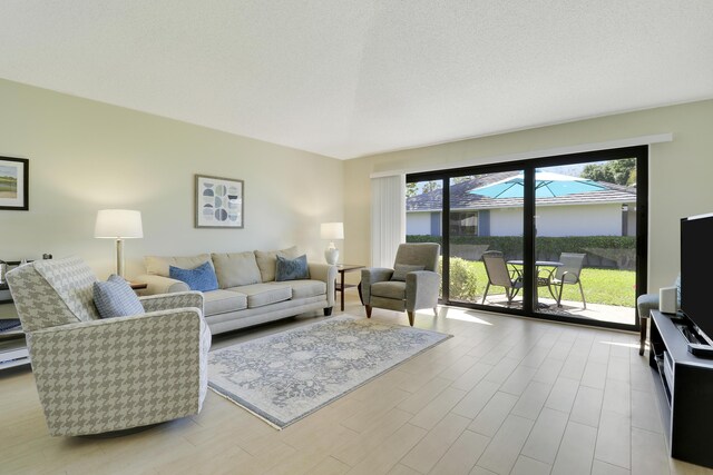 living room with light wood-type flooring and a textured ceiling