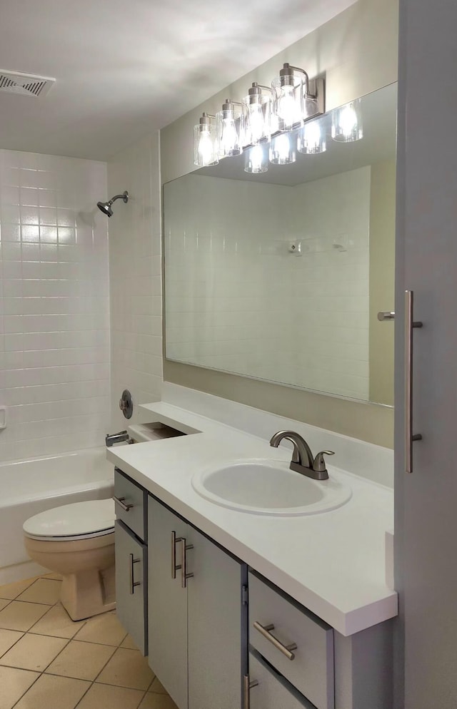 full bath with bathtub / shower combination, toilet, tile patterned flooring, vanity, and visible vents