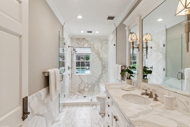 bathroom with marble finish floor, a marble finish shower, visible vents, and crown molding