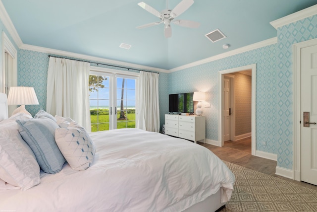 bedroom featuring crown molding, visible vents, and wallpapered walls