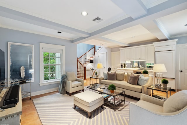 living room featuring beam ceiling, crown molding, stairway, and baseboards