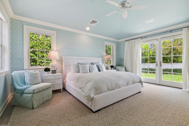 carpeted bedroom with access to exterior, ornamental molding, visible vents, and wallpapered walls