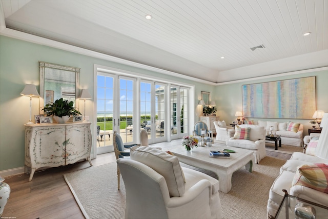 living room featuring wooden ceiling, recessed lighting, visible vents, baseboards, and light wood finished floors