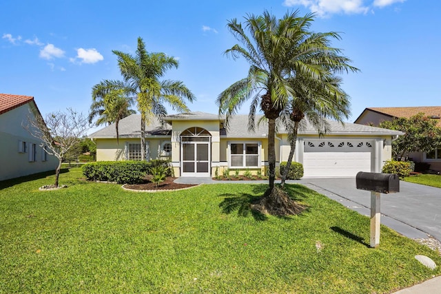 ranch-style house with concrete driveway, an attached garage, a front yard, and stucco siding