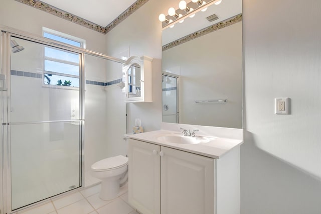 full bathroom featuring toilet, vanity, a shower stall, and visible vents