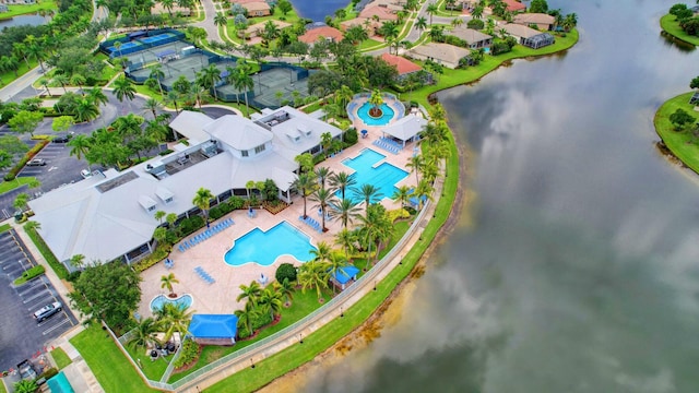 bird's eye view with a water view and a residential view