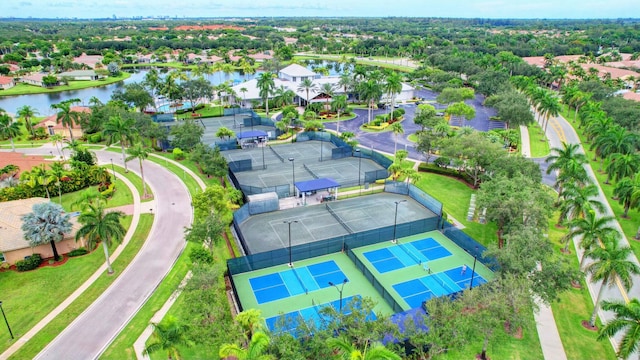 aerial view featuring a water view and a residential view