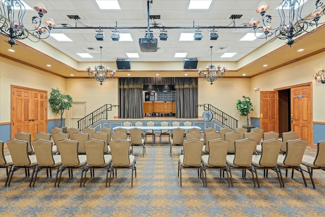 interior space featuring carpet floors, stairway, and an inviting chandelier