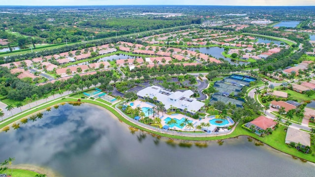 aerial view with a water view and a residential view