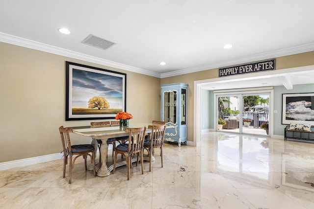 dining area with baseboards, visible vents, and ornamental molding