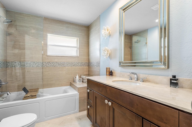 full bathroom with toilet, visible vents, vanity,  shower combination, and tile patterned floors