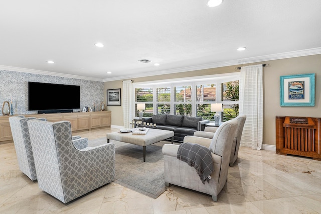 living room with marble finish floor, visible vents, crown molding, and baseboards