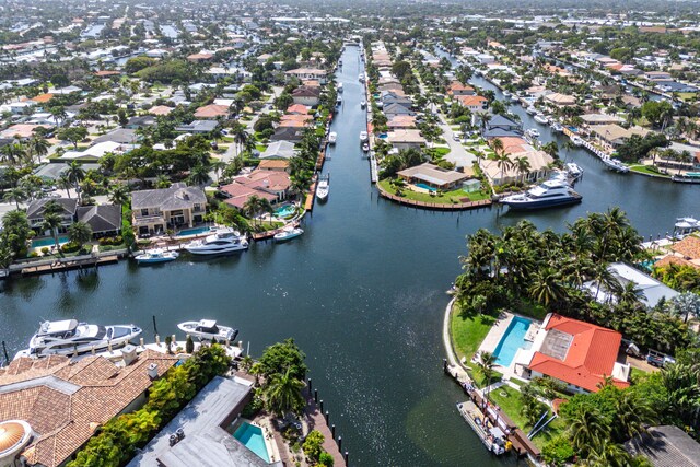 birds eye view of property with a water view and a residential view