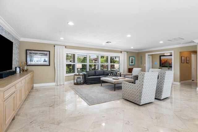 living room featuring visible vents, baseboards, marble finish floor, crown molding, and recessed lighting