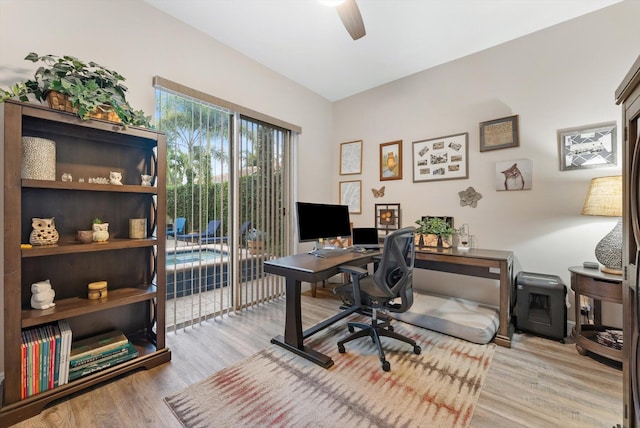 office featuring lofted ceiling, light wood-style floors, and a ceiling fan