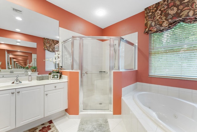 bathroom with vanity, visible vents, a stall shower, tile patterned flooring, and a jetted tub