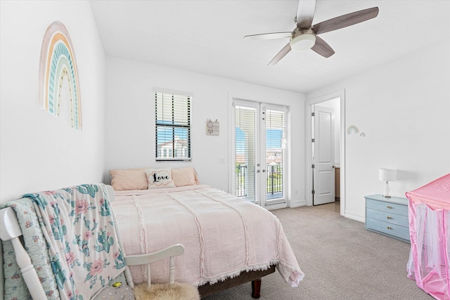 bedroom with baseboards, ceiling fan, access to exterior, carpet flooring, and french doors