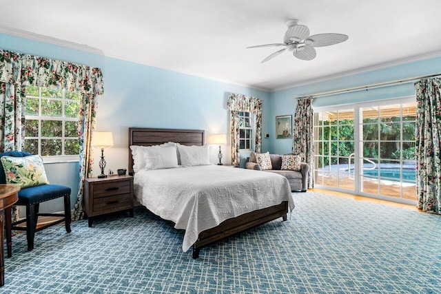 carpeted bedroom featuring crown molding, a ceiling fan, and access to outside