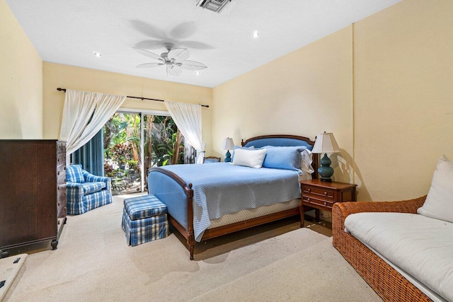 bedroom featuring visible vents, carpet, ceiling fan, and access to outside