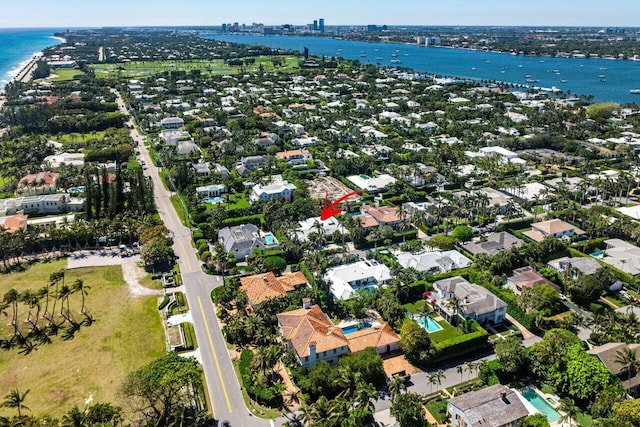 drone / aerial view featuring a water view