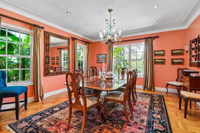 dining space with recessed lighting, baseboards, an inviting chandelier, and crown molding