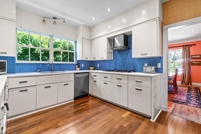 kitchen featuring a sink, stainless steel appliances, light countertops, hardwood / wood-style flooring, and wall chimney exhaust hood