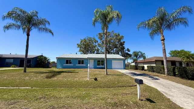 ranch-style house with driveway, a front lawn, and an attached garage