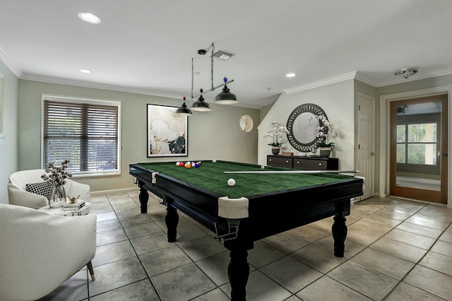 game room with light tile patterned floors, baseboards, recessed lighting, and crown molding